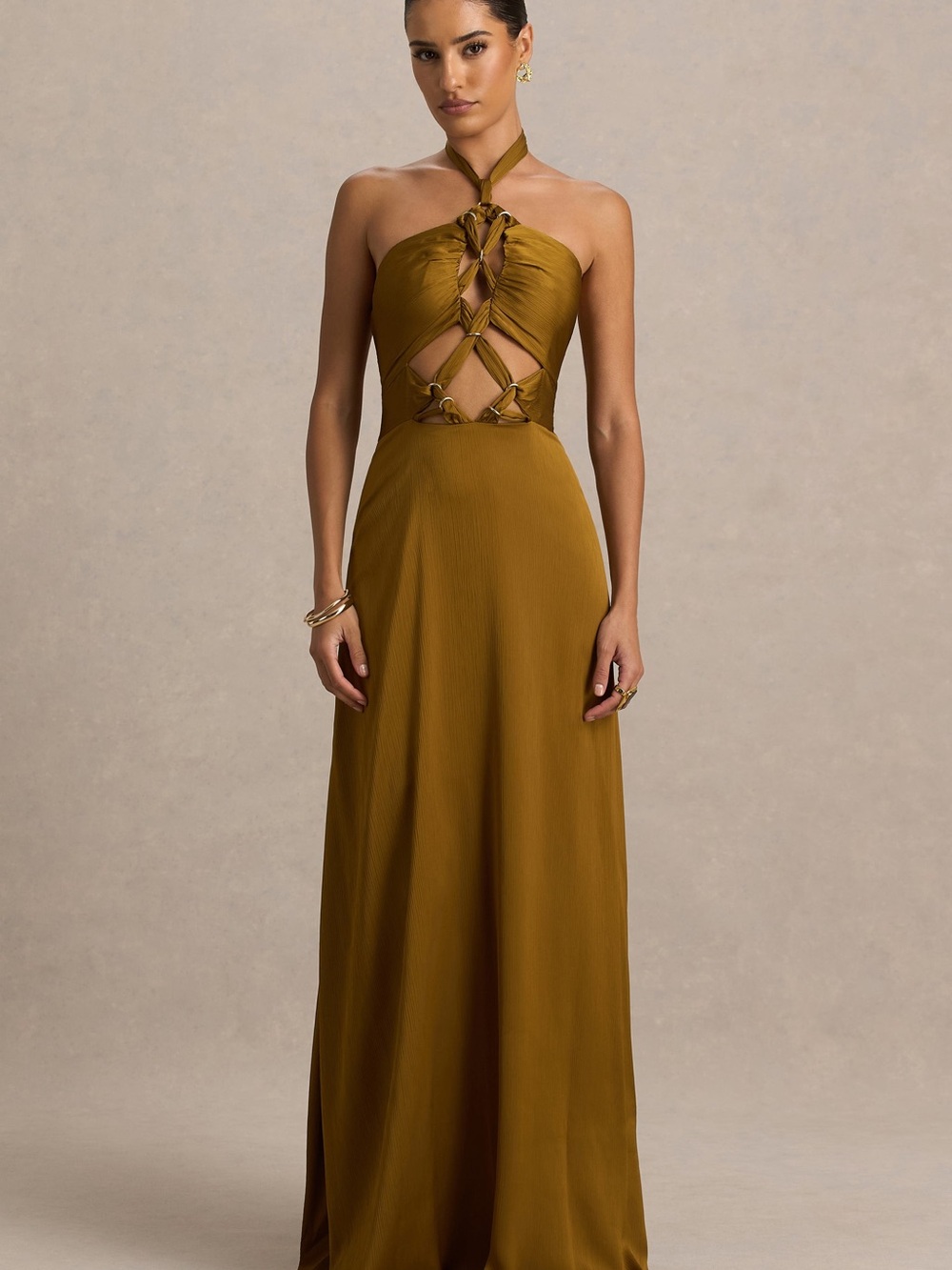 Club L London Olive Green Strapless Cutout Halter Maxi Dress